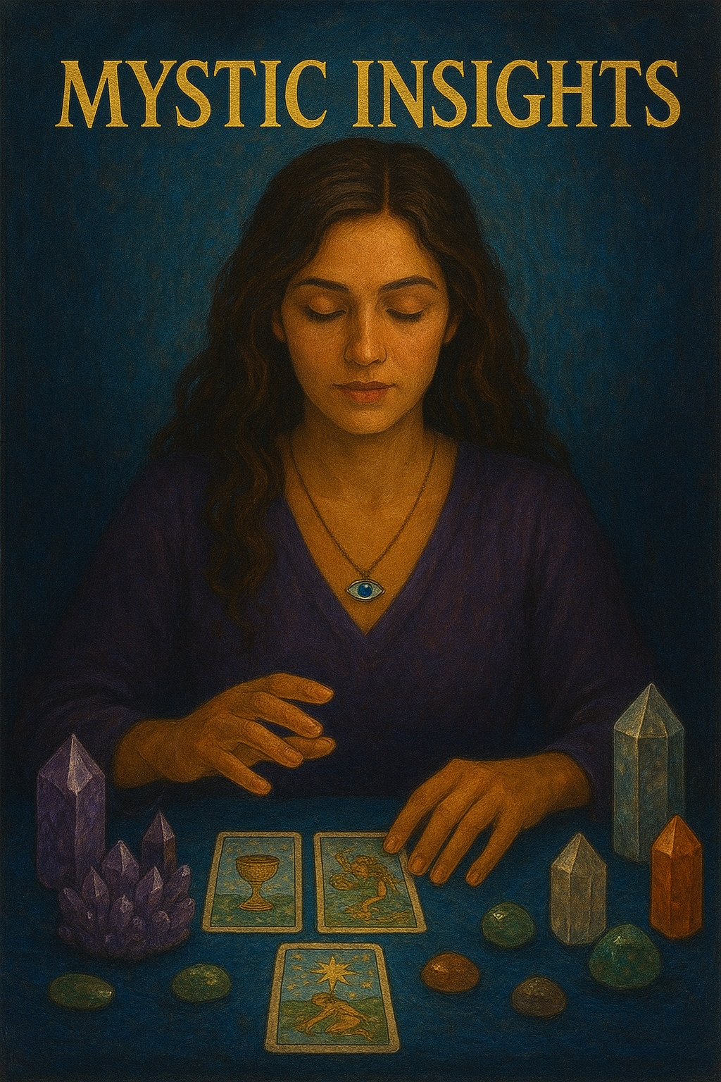 Tarot card reading woman with crystals